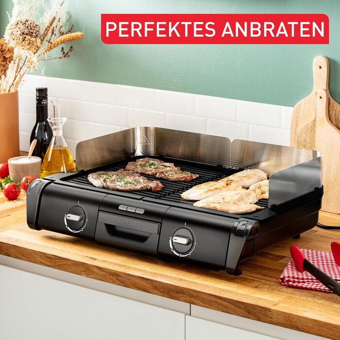 Електричний настільний гриль Tefal BBQ Family, 2 окремі зони з термостатами, антипригарні чавунно-алюмінієві пластини, підходять для посудомийки, глибокі жолобки, чорний/сріблястий, TG800N10
