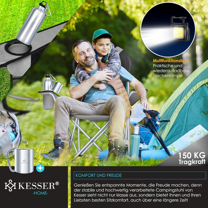 Складаний кемпінговий стілець KESSER, до 150 кг, Рибальський стілець, Складаний стілець, М&39який з підлокітниками, Висока спинка, Пляжний стілець, Складаний табурет, включаючи кемпінговий ліхтарик, Підставка для напоїв, Сумка та чашка, Сірий/Чорний