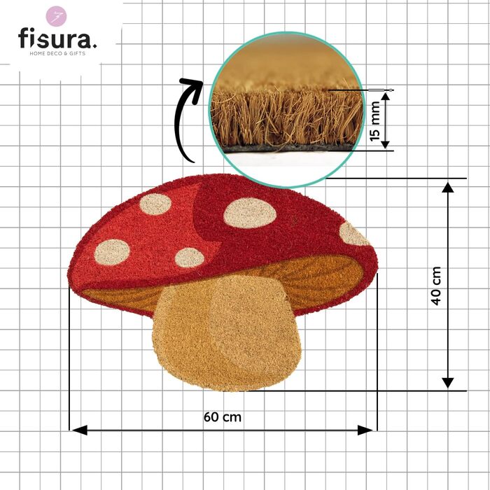 Килимок для дверей у формі гриба з кокосу з нековзною ПВХ-основою. Ручний розпис. Розміри 70 x 40 см. Натуральний чорний.