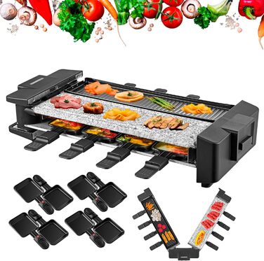 Гриль Steinborg Raclette 2в1 Пристрій для раклету на 8 осіб Раклет Гриль Вечірка Гриль Електричний гриль Стіл Гриль Міцний Натуральний камінь і Пластина гриля з покриттям Нагрівальний елемент Нержавіюча сталь Обертається на 180