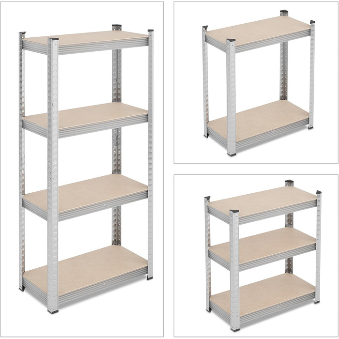 Міцний стелаж Relaxdays, ВxШxГ 138x60x30 см, 200 кг, сталь, 4 полиці, полиця для зберігання, для підвалу, гаража, підключається до мережі, сріблястий
