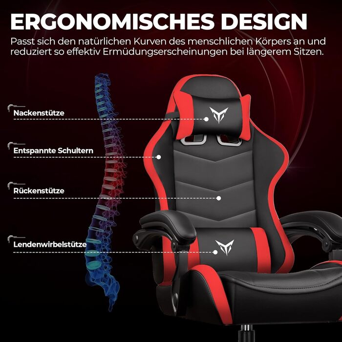 Ігрове крісло GTPLAYER, ергономічне офісне крісло з регульованим підголівником та поперековою опорою, ігрове крісло, червоне