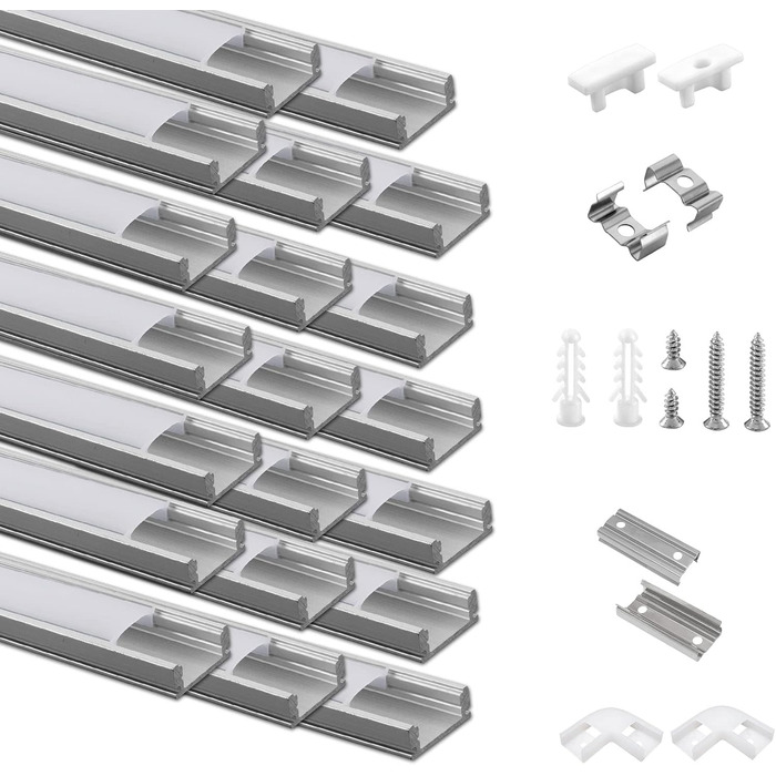 ПАКЕТНИЙ світлодіодний профіль алюміній 20 x 1 м, U-подібний алюмінієвий профіль з молочною кришкою для світлодіодних стрічок, торцевих кришок і монтажного кронштейна для світлодіодних стрічок, дуже проста установка U ПРОФІЛЬ 20 ПАКЕТ, 20-