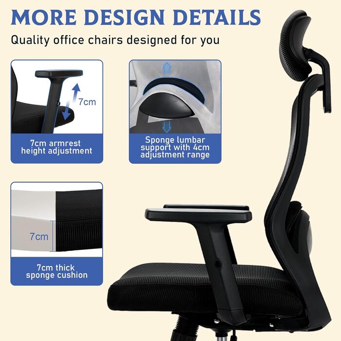 Офісне крісло, ергономічне офісне крісло, зручне робоче крісло, регульоване по висоті, крісло з повітропроникної сітки, обертове крісло з діапазоном повороту 90, 110 та 130, з можливістю блокування, вантажопідйомність до 150 кг, крісло з сітки