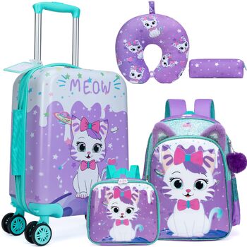 Дитячий набір валіз та рюкзака Кішечка (5 предметів) - валіза-каталка, ручна поклажа, дорожній набір, твердий корпус для дівчаток