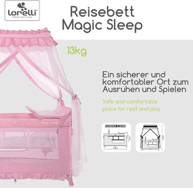 Дитяче ліжечко та манеж Lorelli 3-в-1, ліжко-балдахін Magic Sleep з 2 рівнями, ліжечко від народження, дитяче дорожнє ліжечко, пеленальний килимок, колеса, сумка, рожевий