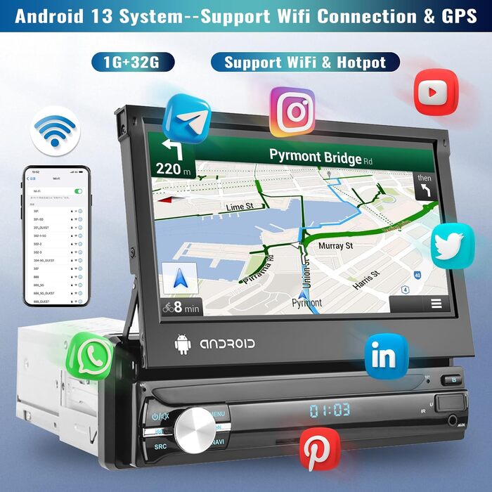 Автомобільне радіо CAMECHO Android 13 1G32G 1 Din з бездротовим Apple Carplay Android Auto, 7-дюймовий екран, автомагнітола з висувним дисплеєм, Bluetooth Mirror Link, WiFi GPS, SWC FM RDS камера заднього виду