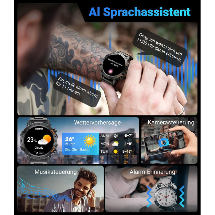 Чоловічий смарт-годинник LIGE з функцією телефону, 1,39-дюймовий військовий смарт-годинник з 24-годинним серцевим ритмом, артеріальним тиском, тривалістю сну, понад 100 спортивними режимами, фітнес-годинник, понад 300 циферблатів, водонепроникний IP67, чо