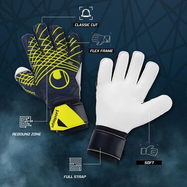 Футбольні воротарські рукавички uhlsport Prediction Soft Flex Frame - Воротарські рукавички для дітей та дорослих із захистом пальців 8 темно-синій/білий/флуоресцентно-жовтий