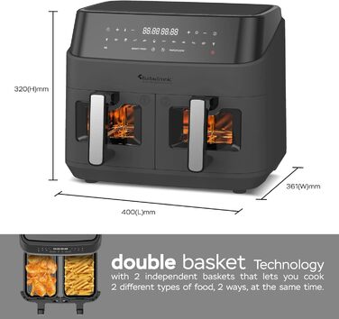Гаряча аерофритюрниця XXL Подвійна фритюрниця 1600 Вт / 9 л (2 шт. 4.5 л камера) 10 програм Цифрова фритюрниця без жирного масла Подвійна аерофритюрниця Фритюрниця Power Grey