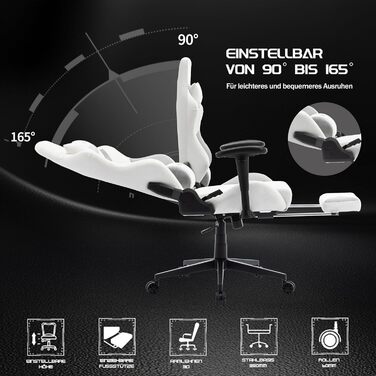 Ігрове крісло, біла шкіра, ігрове крісло з мікрофібри з підставкою для ніг, гоночне ігрове крісло з регульованими підлокітниками, поперекова подушка, підголівник, вантажопідйомність 180 кг, штучна замша - сталеві ніжки, білі