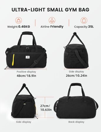 Спортивна та дорожня сумка SKYSPER 35L для жінок та чоловіків - з відділенням для взуття та вологим відділенням, сумка для спортзалу та тренувань для фітнесу, спорту, подорожей, тренувань, чорна