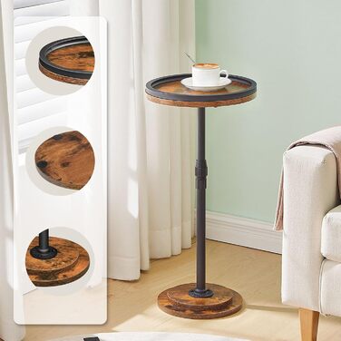 Невеликий круглий приставний столик, регульована висота, приставний столик до дивана, столик для напоїв з нековзними ніжками, столик для дивана, тумбочка, для вітальні та спальні, вінтажний коричневий та чорний EBF268BZ01