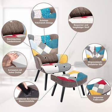 Крісло-відкидка з пуфом, крісло в стилі печворк, дерев&39яне крісло, сучасне крісло-підголовок для вітальні з ніжками з масиву дерева, крісло під телевізор, лляне крісло для відпочинку, коричневе крісло