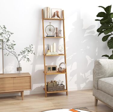Бамбукова полиця GIANTEX, окремостояча книжкова шафа з 5 ярусами, настінна полиця, полиця для сходів, полиця для рослин для вітальні, ванної кімнати, кухні, 43 x 35 x 165 см, натуральний колір