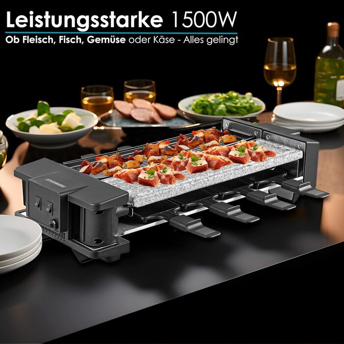 Гриль Steinborg Raclette 2в1 Пристрій для раклету на 8 осіб Раклет Гриль Вечірка Гриль Електричний гриль Стіл Гриль Міцний Натуральний камінь і Пластина гриля з покриттям Нагрівальний елемент Нержавіюча сталь Обертається на 180