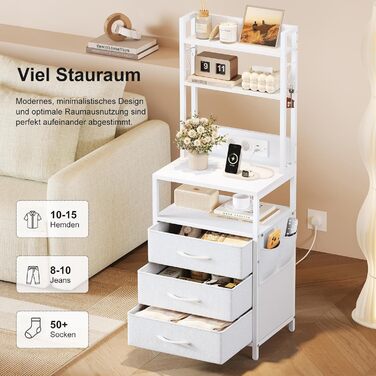 Приліжковий столик Dripex із функцією зарядки та світлодіодним підсвічуванням, бічний столик із 3 тканинними шухлядами, тумбочка з книжковою полицею, відкритим відділенням, 2 порти змінного струму, 1 USB та 1 порт типу C, для спальні, вітальні, офісу (біл