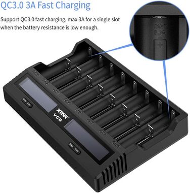 Швидкий зарядний пристрій XTAR VC8 3A USB з 8 відсіками, зарядний пристрій 21700 для акумуляторних батарей IMR 10440 16340 18650 26650 AAA AA C 5 Додатковий струм Заряджає 8 x 21700 Одночасно