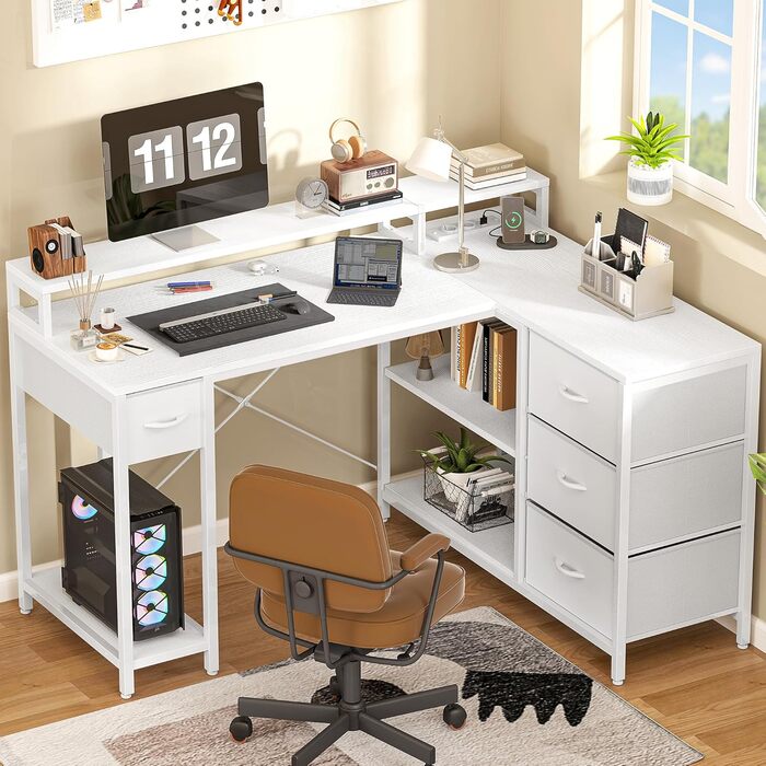 Подібний письмовий стіл із USB-портом для зарядки та розеткою, двосторонній кутовий стіл із 4 шухлядами та полицею, ігровий стіл із підставкою для монітора, 140x100 см, комп&39ютерний стіл для офісу, білий