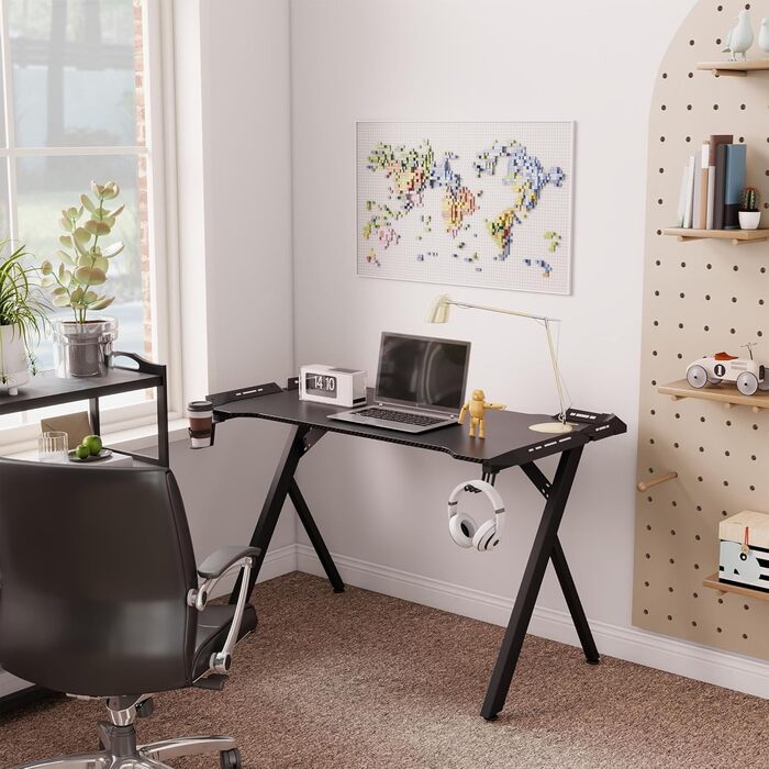 Ігровий стіл зі світлодіодним підсвічуванням та вуглецевим волокном, ергономічний комп&39ютерний стіл з RGB-підсвічуванням, ігровий стіл з Y-подібними ніжками, ПК-стіл з тримачем для навушників - чорний, 120x60x75 см