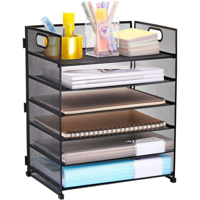Металевий настільний органайзер, 6 відділень для листів та документів (A4), чорний, металевий настільний органайзер з ручкою, органайзер для шухляд 32x23x40 см, офісне приладдя для паперу A4, книг, журналів