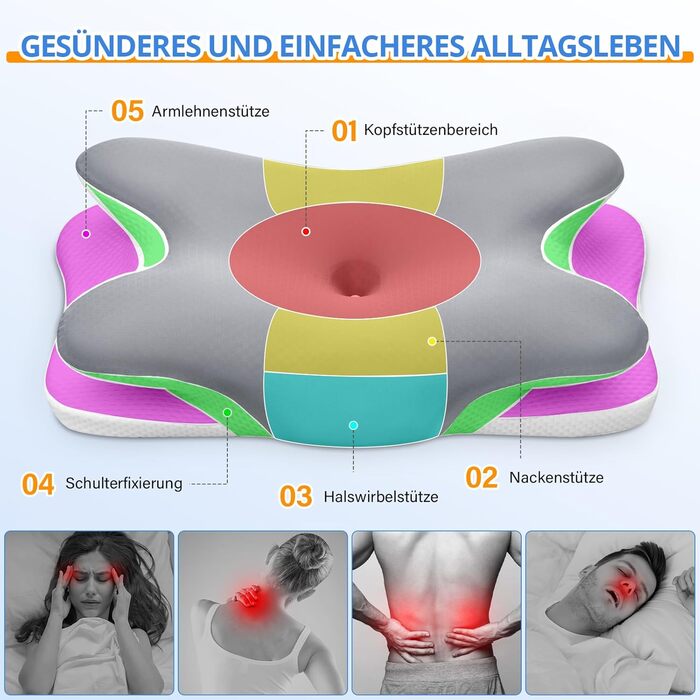 Подушка для шиї, подушка для голови, подушка для підтримки шиї, подушка з піни з ефектом пам&39яті, ергономічна подушка для сну на боці, на спині та на животі, 69x37x9/12 см, сірий