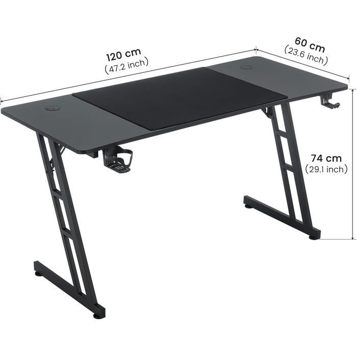 Ігровий стіл, ігровий стіл 120x60 см, комп&39ютерний стіл з підставкою для чашок та гачками для навушників, ергономічний ігровий стіл, Z-подібний ігровий стіл для дому та офісу