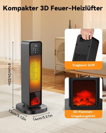 Енергозберігаючий вентилятор-обігрівач, керамічний PTC вентилятор-обігрівач потужністю 2200 Вт, тихий з дистанційним керуванням, електричний обігрівач з 4 режимами, 12-годинний таймер, термостат, режим ECO, коливання 70, захист від перегріву та перекиданн