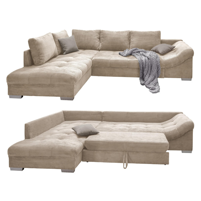 Гарний кутовий диван з вельвету з функцією сну, хвилеподібна пружинна підвіска, зручний L-подібний диван Ш298/Г202/В84 см, шезлонг зліва, диван з бежевою вельветовою тканиною, 2 декоративні подушки сірого кольору / 17204