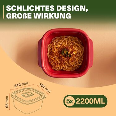 Контейнери для мікрохвильової печі Heat&39n Go, набір з 5 шт. , 2,2 л, квадратні контейнери для приготування їжі з кришками та отворами для пари, штабелюються, можна мити в посудомийній машині, для обідів у офісі та в дорозі, червоні, 5 x 2200 мл