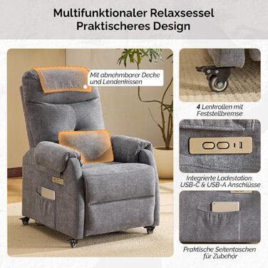 Крісло Bonnlo Recliner, електричне масажне крісло з функцією відкидання, крісло для телевізора, 2-точковий масаж та функція підігріву, порти USB-C та USB-A, 1 бічна кишеня (тканина шеніл, темно-сірий)