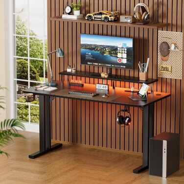 Ігровий стіл зі світлодіодним освітленням, комп&39ютерний стіл 120 x 60 см з розетками та USB-портом для зарядки, ігровий стіл з підставкою для монітора, карбоновим покриттям, підсклянником та гачком для навушників, чорний 120 x 60 см