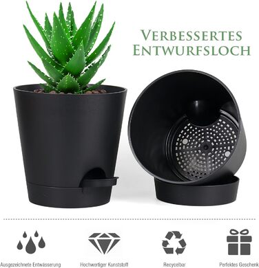 Набір з 6 самополивних квіткових горщиків, горщики для рослин 17,8 см із системою поливу, кашпо з блюдцем, набір квіткових горщиків, ідеально підходить для кімнатних та балконних садів, чорний 17,8 см чорний