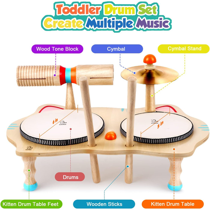 Дерев&39яна музична іграшка Барабан 6 в 1 Музика Дитяча іграшка Музичні інструменти для дітей від 2 років Монтессорі Baby Toys 3 4