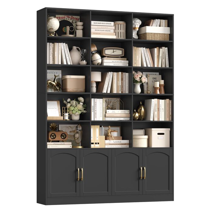Книжкова шафа FirFurd 209 см з дверцятами, книжкова шафа з 15 відділеннями, вітрина, висока шафа, дерев&39яна багатофункціональна шафа, велика для вітальні, кабінету, кухні, 150 x 23,7 x 209 см, чорна