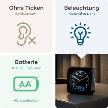 Бездротовий будильник MEBUS з дисплеєм температури, дата, розмір подорожі, живлення від батареї, відкладений будильник, великий дисплей, з підсвічуванням, колір білий, модель 25610 L 4.3 x Ш 9.3 x В 9.4 см (чорний, одинарний)