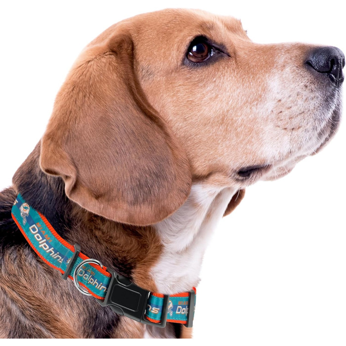 Ошийник для собак Pets First NFL Miami Dolphins, ліцензований, середній розмір, міцний, надійний та довговічний. Доступний у 31 варіантах команд NFL та 4 розмірах. Miami Dolphins Середній розмір. Маямі Дольфінс