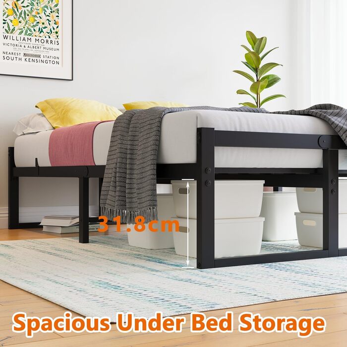 Ліжко 120x200 см, Каркас ліжка 120x200 з металевою рейковою основою, Металеве ліжко 120x200 см з місцем для зберігання - висота 32 см, Гостьове ліжко, Двоспальне ліжко, Пружинний матрац не потрібен, Чорний каркас ліжка 120 x 200 см