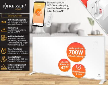 Інфрачервоний обігрівач KESSER, енергозберігаючий інфрачервоний окремостоячий та настінний електричний обігрівач, 700 Вт з пультом дистанційного керування, термостатом та керуванням за допомогою застосунку, електрична нагрівальна панель, конвекторний обіг
