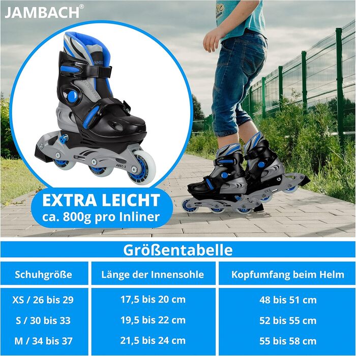 Дитячі роликові ковзани JAMBACH з комплектом захисту, регульованим до роликових ковзанів зі світлодіодами XS (26-29) сині