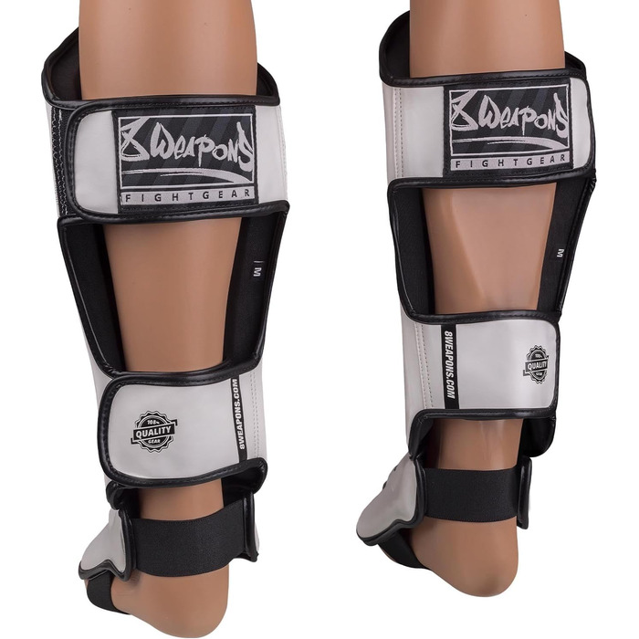 ВИДОВІВ ЗБРОЇ Щитки для гомілок Unlimited 2.0, біло-чорні, для тренувань та змагань, високоякісна синтетична шкіра та ідеальна амортизація, муай-тай, K1, MMA, карате та кікбоксинг, 8