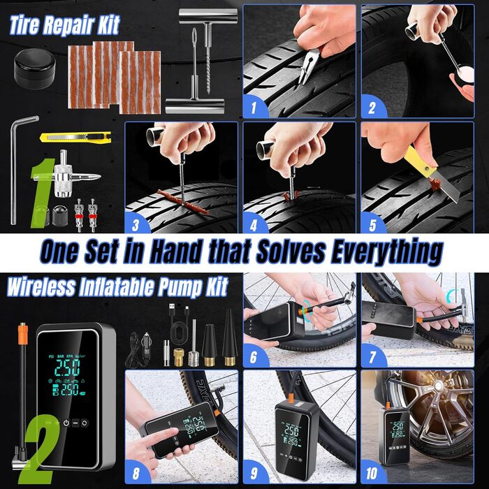 Електричний повітряний насос, портативний електронний повітряний насос з комплектом для ремонту шин, електричний компресорний вело