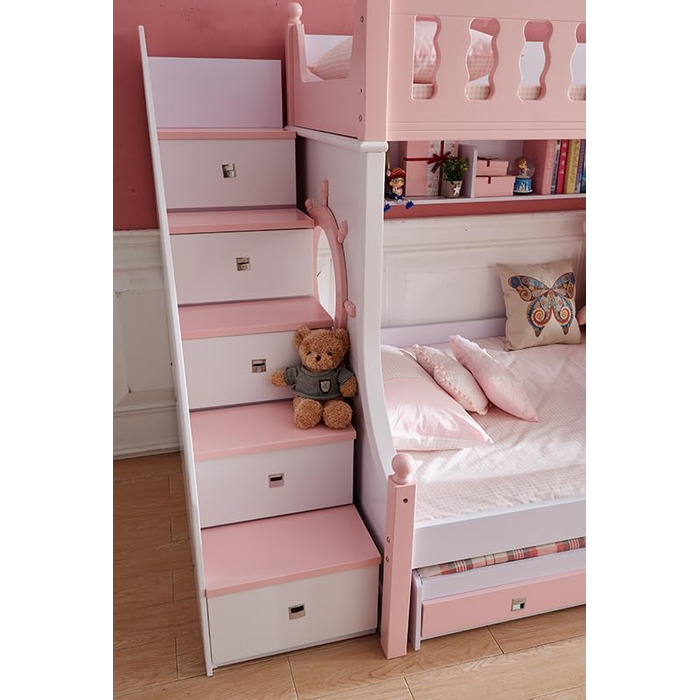 Дитяче двоярусне ліжко JooTech ліжко-горище дитяче ліжко функціональне ліжко зі сходами з полицею з ящиками 3 спальних місця рожев