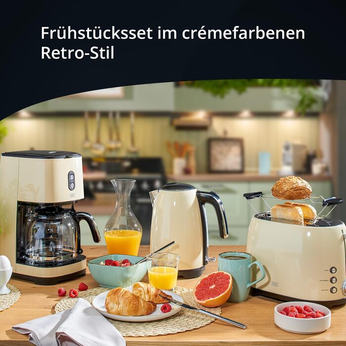 Набір для сніданку KHG Чайник, тостер і кавоварка кремовий бежевий ретро Vintage, місткість 1,7 літра, 2 скибочки тостів і 12 чашок кави, основа 360, регулювання рівня обсмажування, набір функцій Keep Warm з тостером і кавоваркою