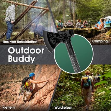 Тактичний сокира-мультитул Japaknives Survival Axt 10 в 1 сокира для розколювання дров, кемпінговий сокира з лезом, компасом та ножем для виживання. Подарунковий набір чорних сокир для кемпінгу, полювання та саду.