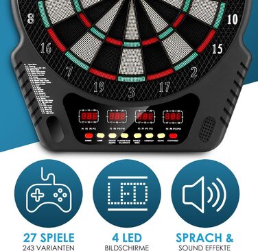 Електронний набір дартсу з голосовими підказками, 4 світлодіодні дисплеї, 6 дротиків, 27 ігор, 243 ігрові опції, професійний електронний дартс для дому, вечірок, саду, бару, 1-16 гравців, чорний