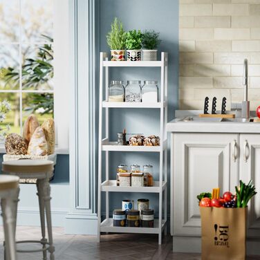 Бамбукова книжкова полиця SMIBUY з драбиною, органайзер для полиць у ванній кімнаті, окремостояча підставка для рослин, компактні полиці для спальні, кухні, балкону (біла, 5 полиць (127 см заввишки)) Біла 5 полиць (127 см заввишки)