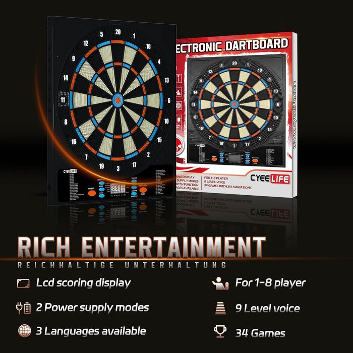 Електронна мішень для дартсу CyeeLife з м&39якими дротиками та додатковими аксесуарами, 8 гравців, 34 гри та 255 варіацій ZD01G