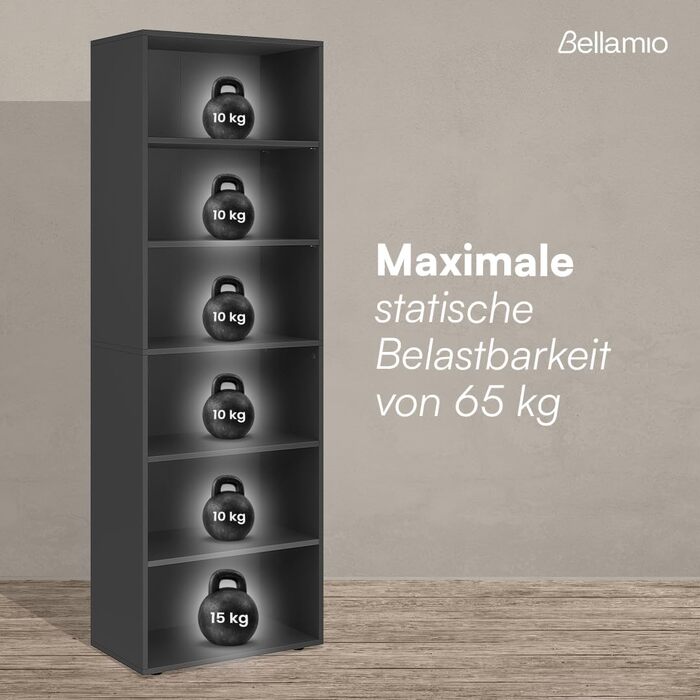 Книжкова полиця Bellamio Apol на 6 полиць - Антрацитово-чорна окремостояча полиця - Відкрита дерев&39яна полиця - Міцна полиця для вітальні, офісу та кабінету - Регульована по висоті полиця для документів 176x60x33 см Антрацитово-відкрита