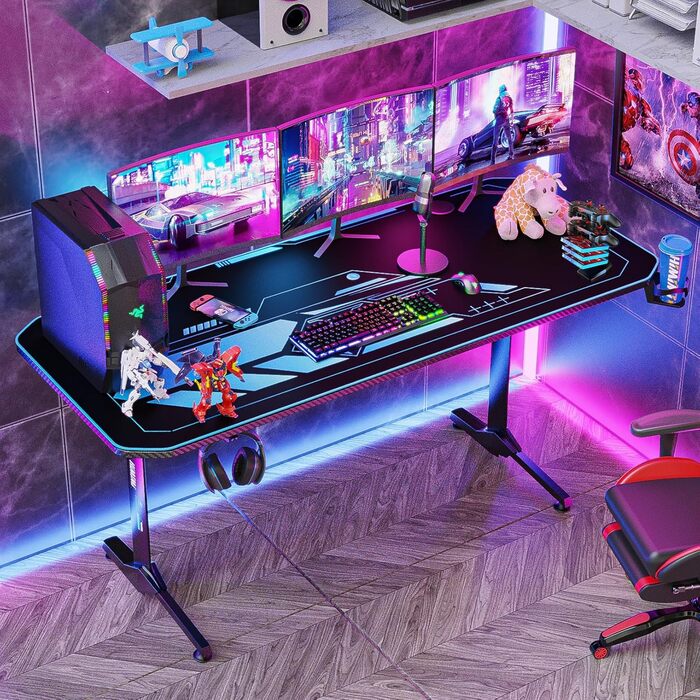 Ігровий стіл Himimi 160x75 см, ергономічний великий ігровий стіл, Т-подібний комп'ютерний стіл для ПК-геймерів з великою підставко